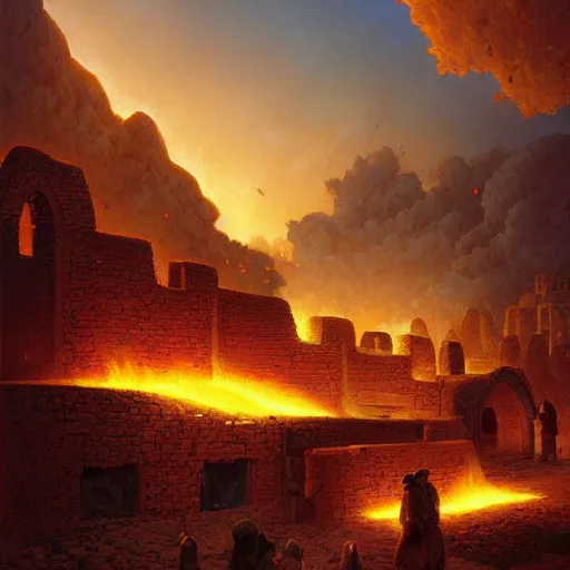 Prompt: digital art of fire and hail destroy a 4000BC middle eastern town by andreas rocha and john howe, and Martin Johnson Heade, featured on artstation, featured on behance, golden ratio, f32, well composed, cohesive