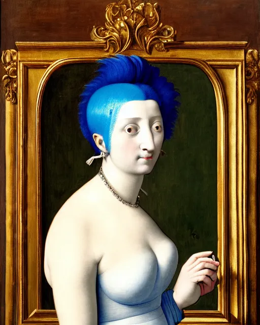 Prompt: portrait of a woman with a beauty mask and neon blue hair, wearing a white t-shirt, standing in front of the mirror in her room, intricate details, high detail, in a renaissance style, super-flat, in the style of Jean Auguste Dominique Ingres, James Jean, punk