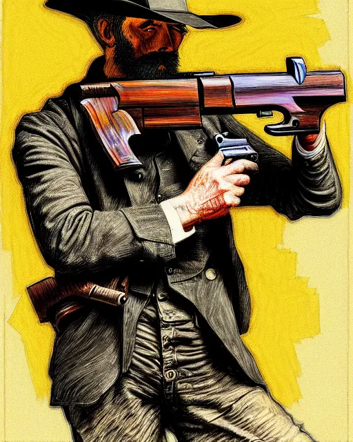 Prompt: an extremely detailed masterpiece color portrait of a 1 8 9 0's gunslinger while drawing his gun, in the style of frank auerbach, digital art