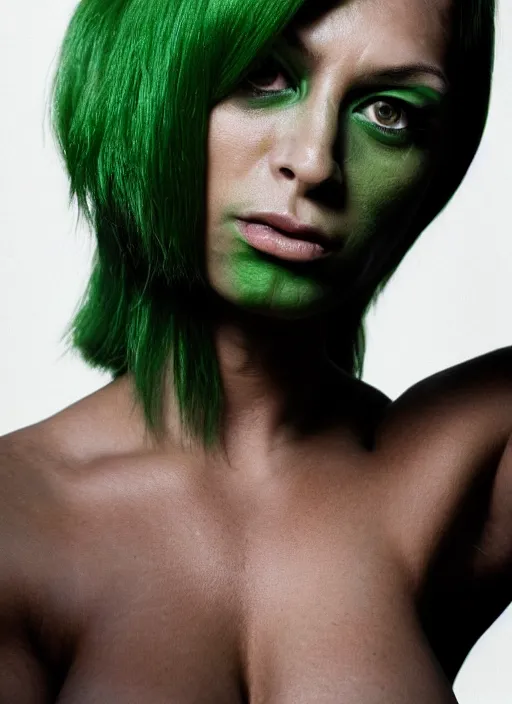 Image similar to a photo portrait of a very muscular woman with dark green hair and green skin by terry richardson, sharp focus.