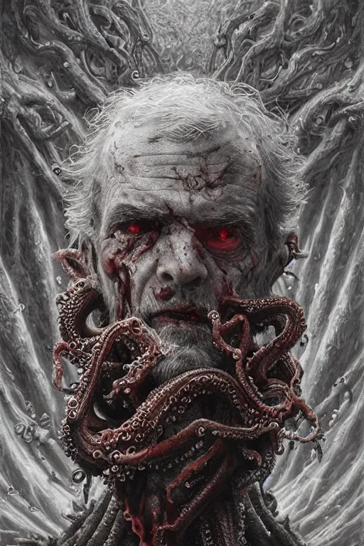 Image similar to realistic portrait of beautifully crystalized and detailed portrait of a zombie old man, tentacles, matte painting of cinematic movie scene red dragon, horror, created by gustave dore and greg rutkowski, high detailed, smooth draw, synthwave neon retro, intricate, realistic proportions, dramatic lighting, trending on artstation.