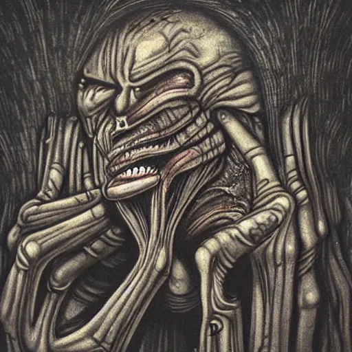 Prompt: “a screaming man being absorbed into a wall in the style HR Giger”