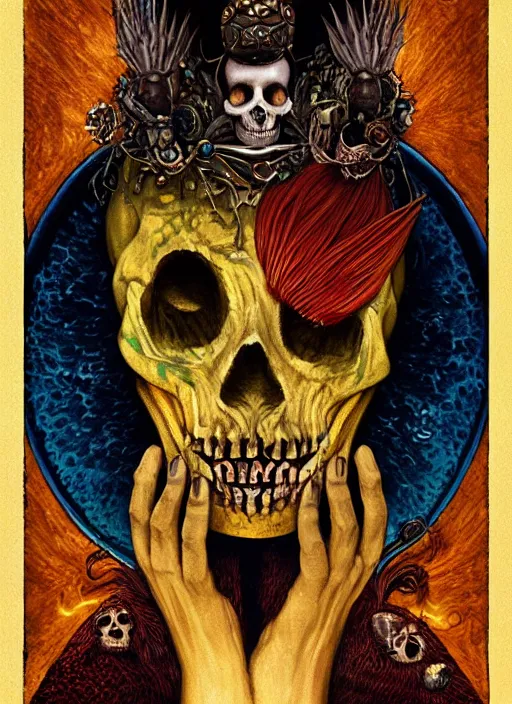 Image similar to queen of heats the fool tarot card, highly detailed, half skull face, cinematic, 8 k, bymegan duncanson, benjamin lacombe, naoto hattori, adrian borda, giger, trending on deviantart, hyper detailed, horror, full of colour