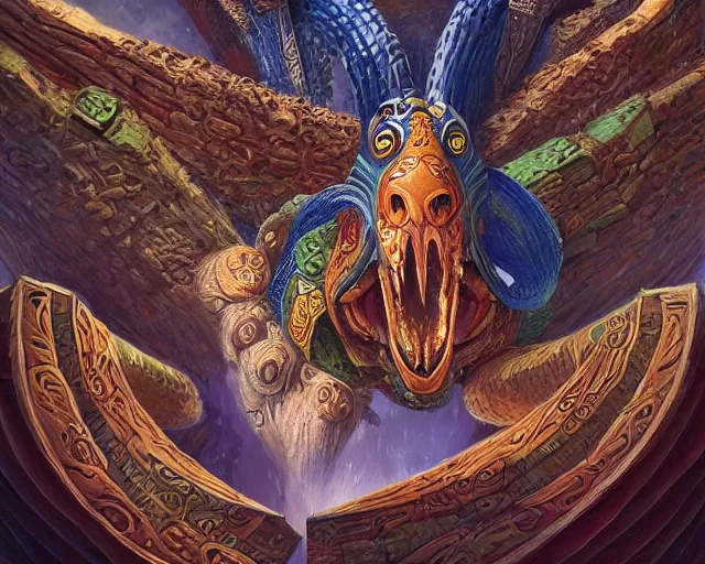 Image similar to digital painting of quetzalcoatl by filipe pagliuso and justin gerard, symmetric, fantasy, detailed, intricate, sharp focus, tarot card, gwent