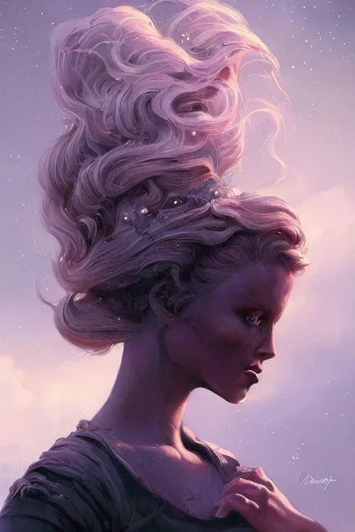 Prompt: Dolores Abernathy (Westworld character), breathtakingly beautiful portrait, beautiful hair, symmetrical face, moonlit purple sky, matte painting by Peter Mohrbacher, highly detailed, intricate, ,award winning artwork, trending on artstation, high quality printing, fine art with subtle redshift rendering