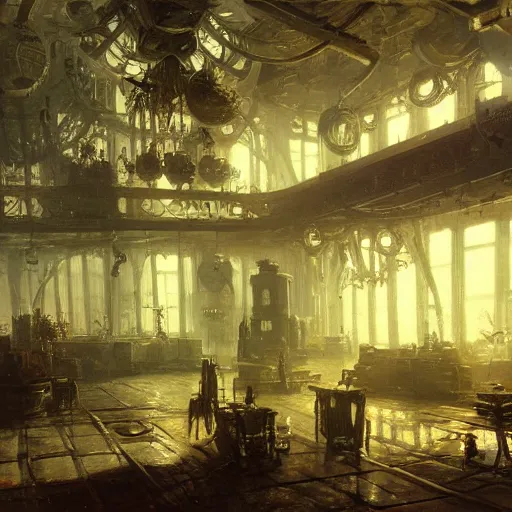 Prompt: detailed painting of a retroscifi interior in 1 9 4 0, filigree ornaments, volumetrics lights, beam of bright lights through the clouds, andreas achenbach