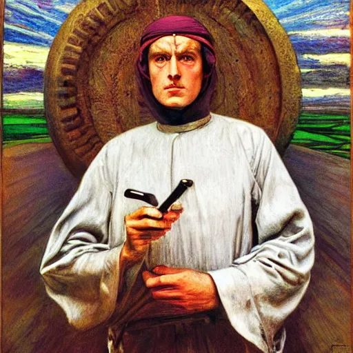 Image similar to A painting. A rip in spacetime. Did this device in his hand open a portal to another dimension or reality?! Lawrence of Arabia, pastel dark by William Holman Hunt, by Travis Louie straight, melancholic