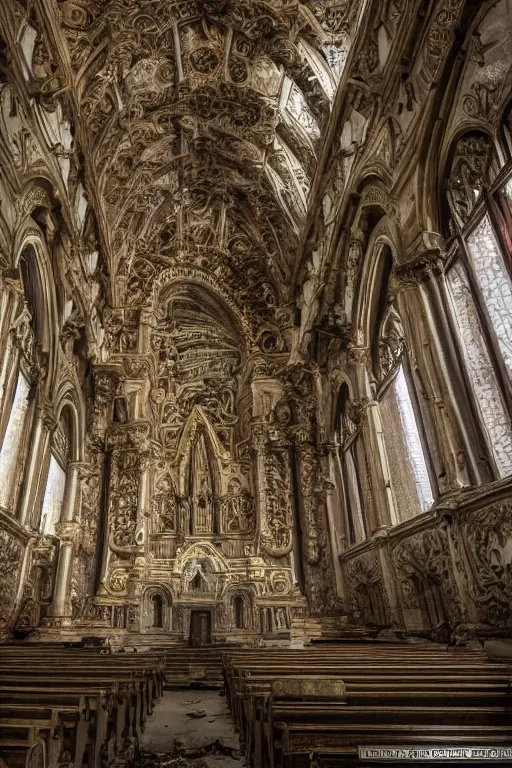 Image similar to photo inside an abandoned cathedral, ornate highly detailed intricate