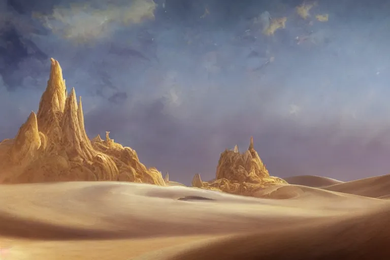 Image similar to single fantasy castle in foreground in the desert sands with rolling sand dunes in the background and a scorching sun moving through the cloudless sky, illustrated by Greg Rutkowski and Gaston Bussiere, 35mm lens, beautiful macro close-up imagery, intense hot lighting, beautiful volumetric-lighting-style atmosphere