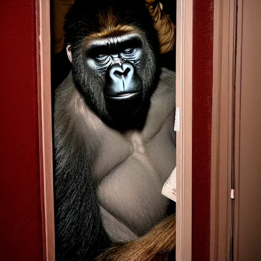 Prompt: grainy photo of a gorilla as a creepy monster in a closet, harsh flash