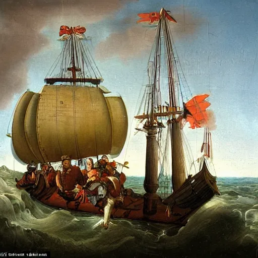 Image similar to an old 1 7 2 0 painting of blackbeard on his ship while a lighting strucks into the ship,