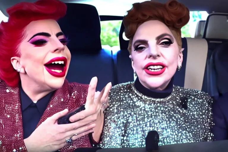 Image similar to lady gaga and judy garland doing carpool karaoke, lady gaga and judy garland, carpool karaoke, lady gaga, judy garland, carpool karaoke, youtube video screenshot, the late late show with james corden