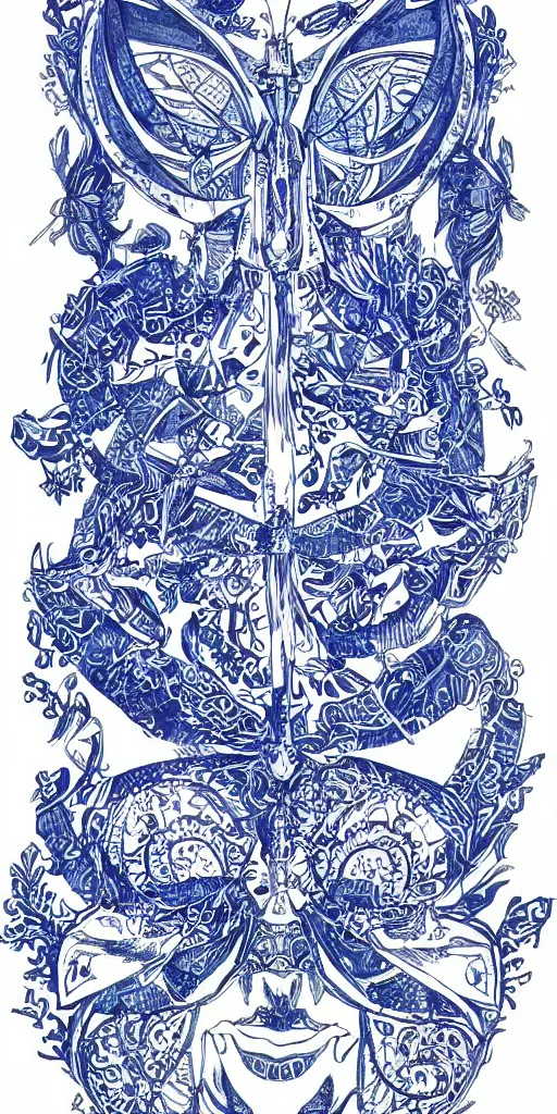 Prompt: blue paper + an intricate gemini depiction + symmetry + elaborate ink illustration