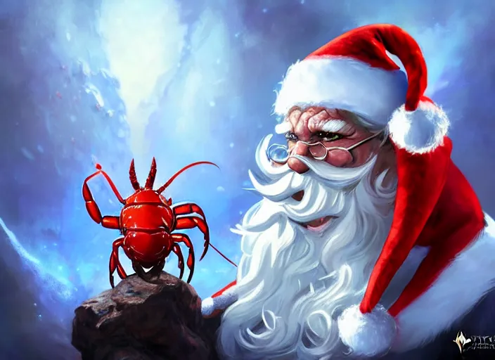 Image similar to magic : the gathering fantasy character concept art of anthropomorphic lobster wearing a christmas hat, by franz frazetta and marco bucci, high resolution. a clear portrait of powerful lobster impersonating santa, magical christmas wonderland in background, fantasy coloring, intricate, digital painting, artstation, smooth, sharp focus