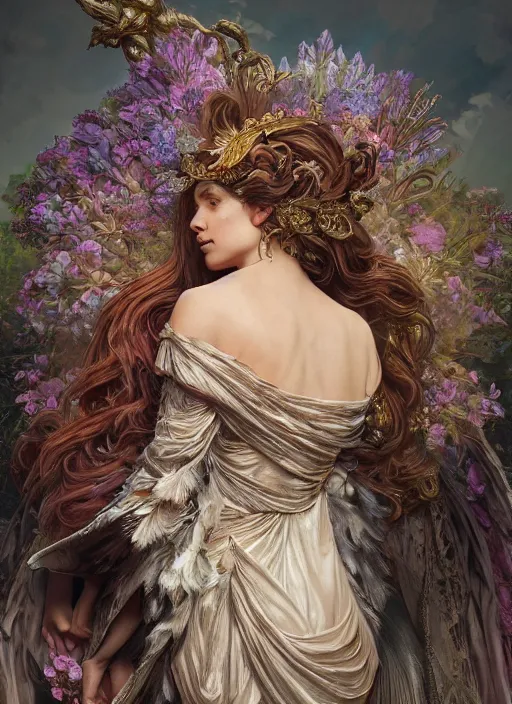 Prompt: real photoshoot goddess of universe, wearing a feathered cloak and a fancy silk floral dress, ornate, ultra realistic, concept art, intricate details, eerie, highly detailed, photorealistic, octane render, 8 k, unreal engine. art by artgerm and greg rutkowski and charlie bowater and magali villeneuve and alphonse mucha