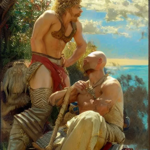 Image similar to attractive male arthur pendragon confesses his love to attractive male merlin. highly detailed painting by gaston bussiere, craig mullins, j. c. leyendecker 8 k