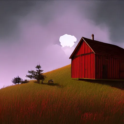 Prompt: a cabin on a hilltop, by alex andreev, landscape, high contrast, digital