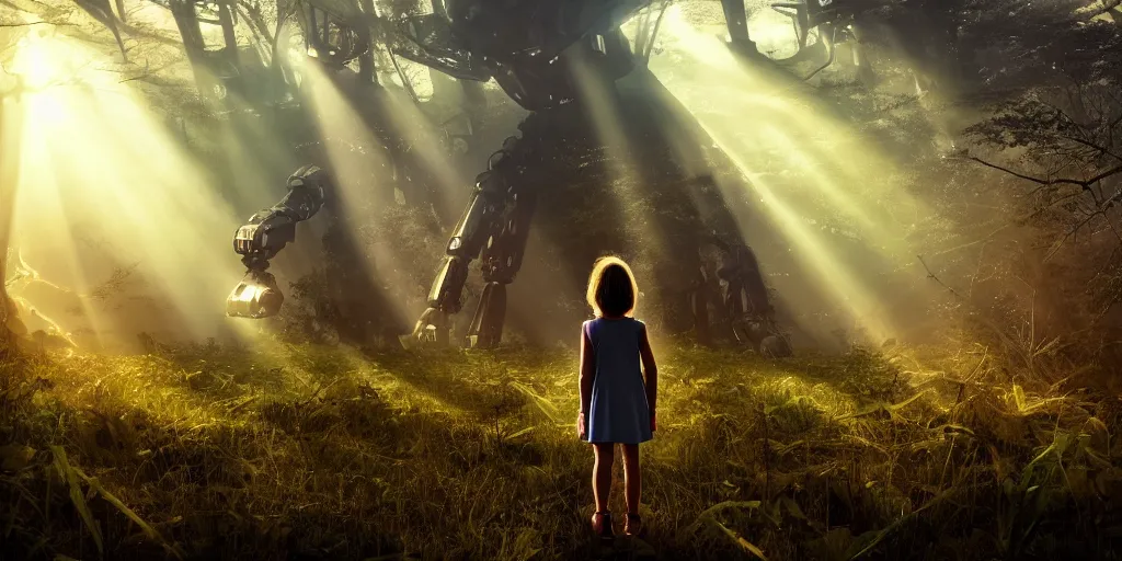 Image similar to sci - fi scene future new york, little girl holding a hand of a big robot, forest punk, crepuscular rays, epic scene, hyper realistic, photo realistic, overgrowth, cinematic atmosphere, ethereal lighting,