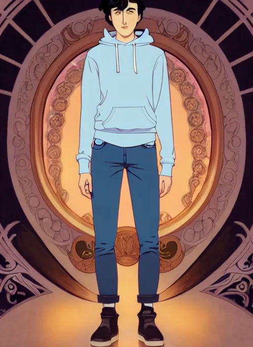 Image similar to well - lit art nouveau portrait of a young man with short black hair, light blue eyes, pale skin, serious expression, jeans and a black hoodie, natural lighting, path traced, highly detailed, high quality, cartoon, digital painting, by don bluth and ross tran and studio ghibli and alphonse mucha