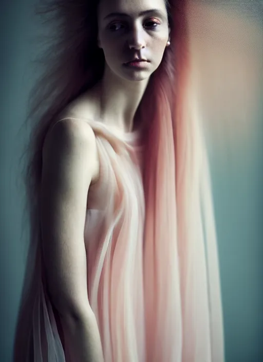 Image similar to portrait photography of a beautiful woman, in fine art photography style of Giovanni Gastel , britt marling style 3/4 , natural color skin pointed in rose, the hair is like stormy clouds, full body dressed with a ethereal transparent voile dress, elegrant, 8K, soft focus, melanchonic soft light, volumetric dramatic lighting, highly detailed Realistic, hyper Refined, Highly Detailed, natural point rose', outdoor soft lighting, soft dramatic lighting colors scheme, soft blur lighting, fine art fashion photography