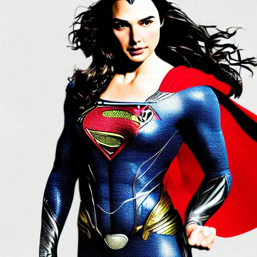 Image similar to an potrait of gal Gadot cast of movie man of steel and wearing a superman suit, photorealistic high detail, cinematic, high quality.