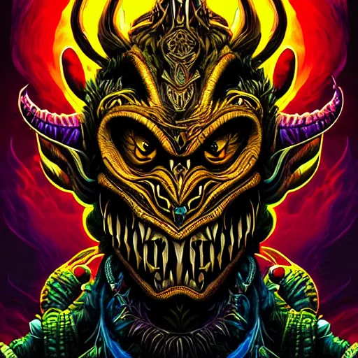 Image similar to barong family member, wiwek, mara demon, one single tribe member, jungle, one single mask, dark, ancient warrior, snake, alien, predator, dragon, devil, satan, diablo, tribal, inner glow, art by dan mumford and justin gerard
