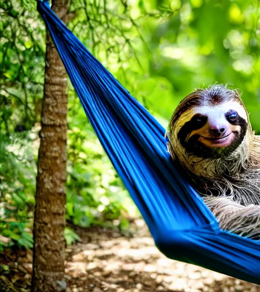 Image similar to a nature photograph of adam driver as a sloth resting in a hammock in his garden, sharp focus, long focal length, brightly lit
