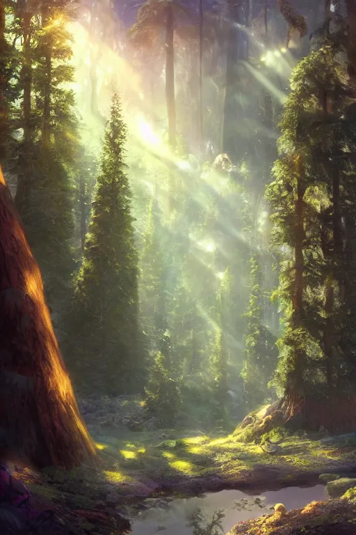 Image similar to a fairy huge sequoia, iridescent crystals on the ground, rays of light, atmospheric, matte-painting, trending on artstation