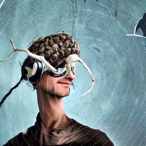 Prompt: a full body portrait of a hyphae biomechanoid time traveller shaman with bone virtual reality biocouture headset brain to brain sensing interface exoskeleton feathered snake mask made of fungal mycelial furry mats in mars jungle