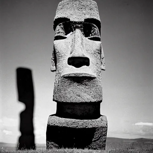 Image similar to easter island moai as the main character in a black and white noir film wearing a fedora standing in the foyer of a 1 9 4 0 s house, intricate, 1 9 4 0 s film noir, robert siodmak, fritz lang, otto preminger, orson welles, billy wilder