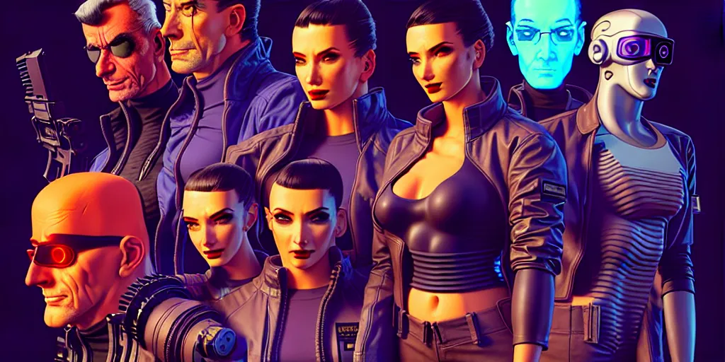 Prompt: cyberpunk heist crew. portrait by stonehouse and mœbius and will eisner and gil elvgren and pixar. character design. realistic proportions. dystopian. cyberpunk 2 0 7 7 character art, blade runner 2 0 4 9 concept art. cel shading. attractive face. thick lines. hi def 4 k. the team. detailed interesting characters. realistic faces.