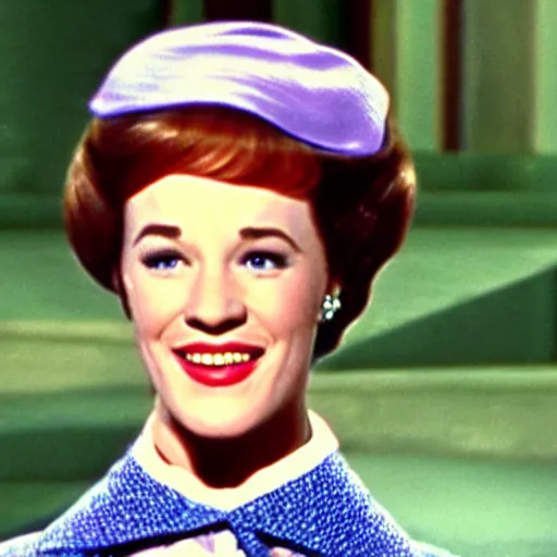 Image similar to Julie Andrews Mary Poppins from Disney 1964 smiling and winking with one eye, Still from Mary Poppins (1964)