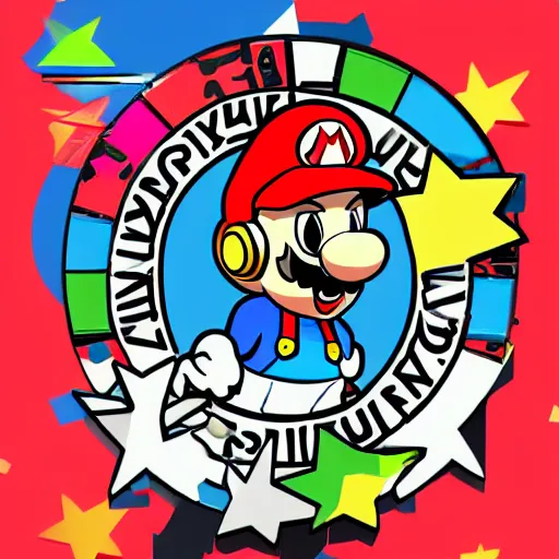 Image similar to svg sticker of a Pop-Wonder SuperMario, Mario-Wearing-a-red-hat, at a rave, spinning records, giant headphones rocking out, wearing headphones, huge speakers, dancing, rave, DJ, spinning records, digital art, amazing composition, rule-of-thirds, award-winning, trending on artstation, featured on deviantart