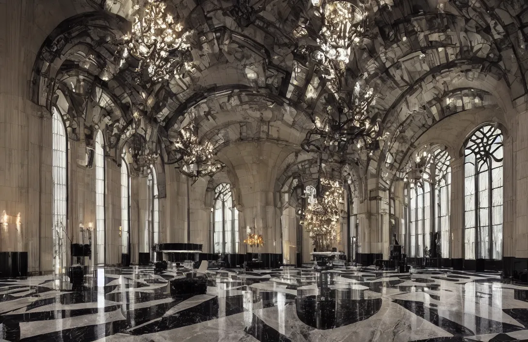 Prompt: photo of cold steel sci fi art-deco imperial palace interior, black marble floors and soft ceruleum chandelier, floor to ceiling arched gothic windows, dramatic lighting