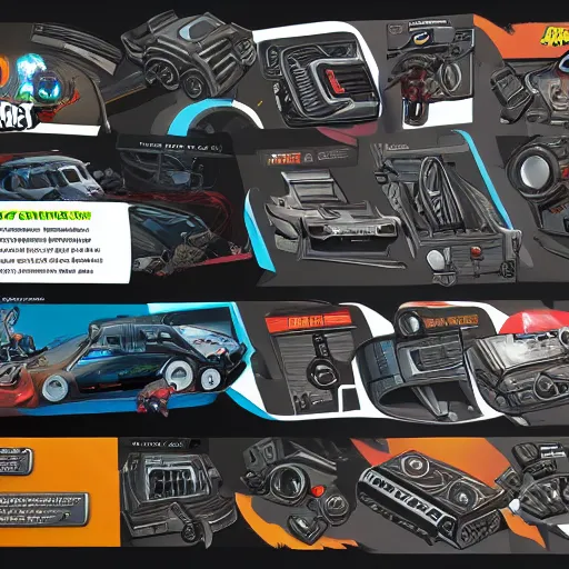 Image similar to car engine car parts concept art, cards, comic page, realistic fortnite, ui cards