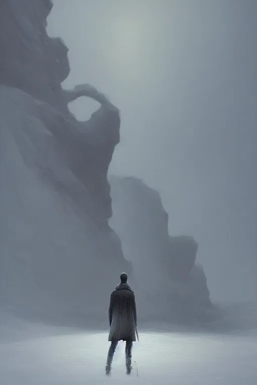 Image similar to a painting of a person standing in the snow, a surrealist painting by zdzisław beksinski and by alena aenami, deviantart, nuclear art, dystopian art, apocalypse landscape, surrealist