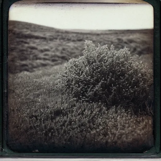 Image similar to daguerreotype polaroid photo of an sea monster in the heather on the north yorkshire moors