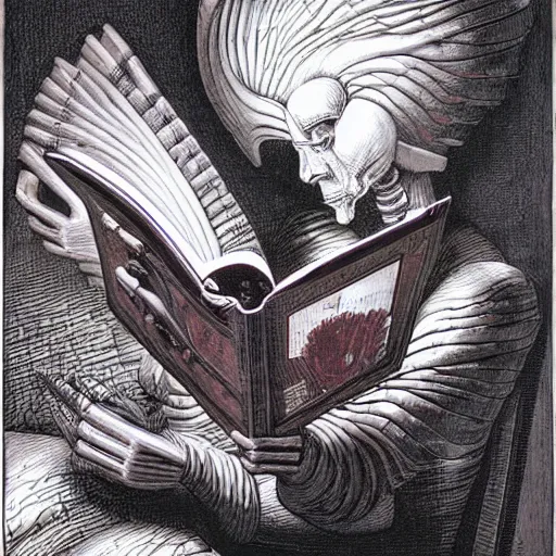 Prompt: ! dream biomechanical portrait of android reading a book by wayne barlowe and rembrandt