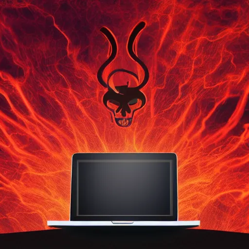 Prompt: a demon programmer gentleman ~ using a laptop ~ lava background ~ digital art ~ two horns ~ sitting on a chair ~, 4 k, ultra hd