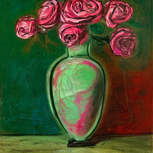 Image similar to abstract yet impressionistic painting of a green marble vase with dying pink roses inside against a green background