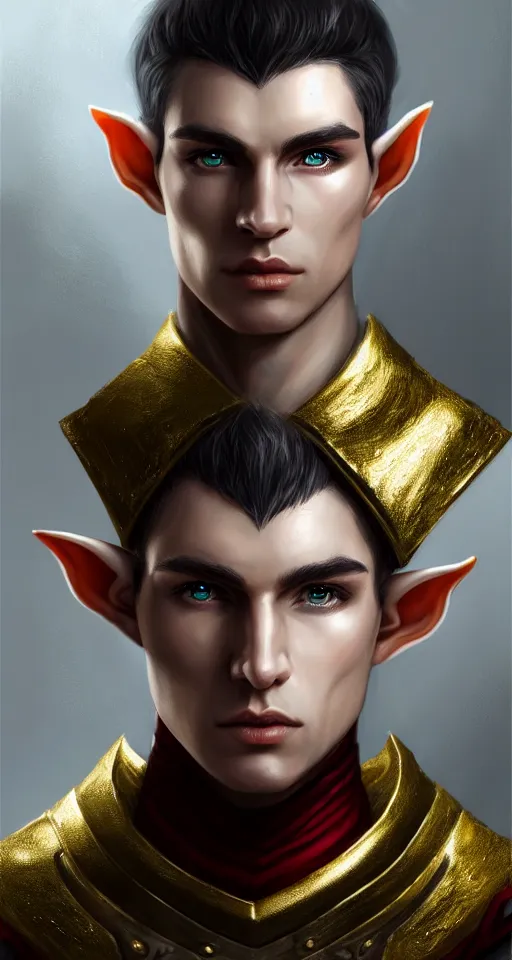 Prompt: A medium shot portrait of a male elf, he is about 20 years old, attractive, lean but muscular, serious composure, short silver hair, prideful look, he is wearing black heavy armor with gold plating and a red cape, highly detailed portrait, digital painting, ArtStation, concept art, smooth, sharp focus illustration, ArtStation HQ