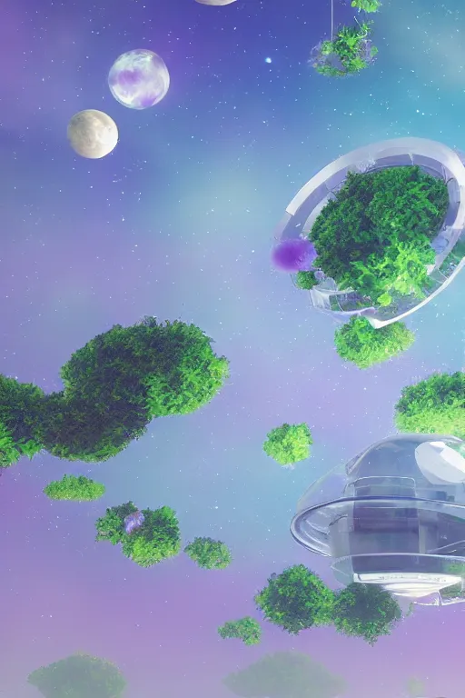 Image similar to multi level botanical garden spaceship floating in space, calm, tranquil, faded effect, detailed, vaporwave colors, render by substance designer