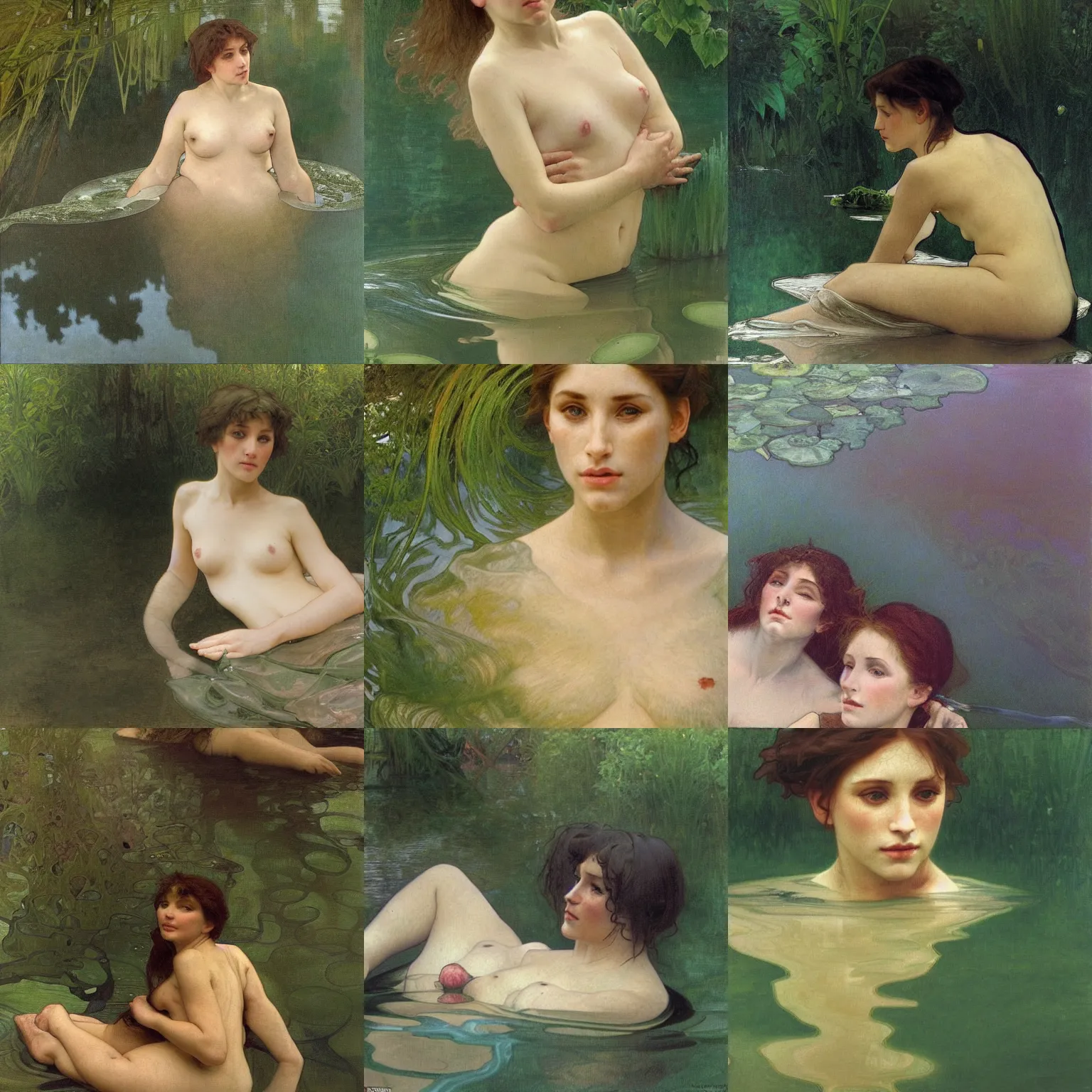 Prompt: hyperrealist portrait in a river, floating, dark green water, algae, by alphonse mucha and lucian freud and bouguereau, fog twilight lighting, very detailed faces