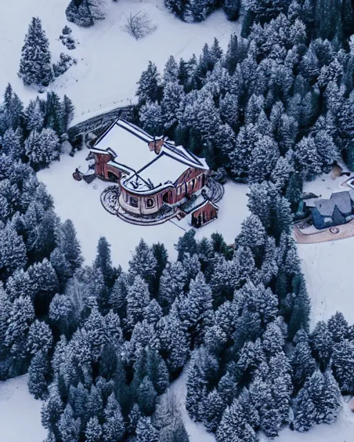 Prompt: burning mansion in the alps with snow covered roof zoomed out, shot from drone, iphone capture, fire