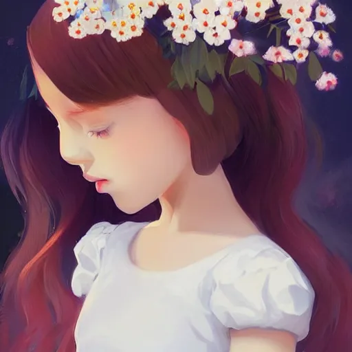 Image similar to little girl with flowers in hair wearing an white dress, art by ilya kuvshinov,