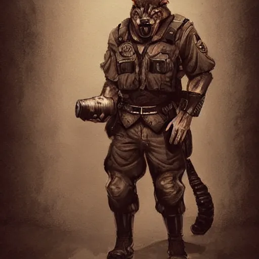 Image similar to a humanoid german shepherd beast - man in military style, holding a bottle of beer, artstation, concept art, smooth, sharp foccus ilustration, artstation