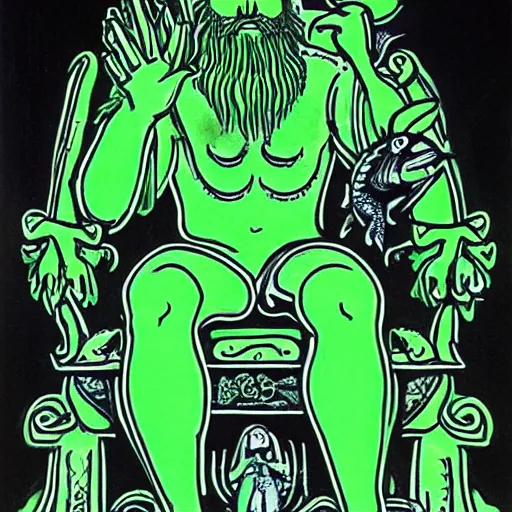 Image similar to by bill medcalf, by milo manara decorative neon green. a performance art of a mythological scene. large, bearded man seated on a throne, surrounded by sea creatures. he has a trident in one hand & a shield in the other. behind him is a large fish. in front of him are two smaller creatures.