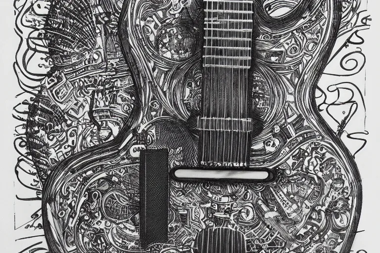 Prompt: a technical drawing of a guitar designed by by Joe Fenton, black ink on textured paper, high detail, blueprint, intricate