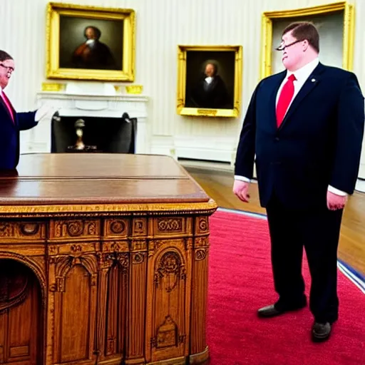 Image similar to peter griffin being sworn into the white house, realistic, beautiful composition, sharp focus, sharp focus