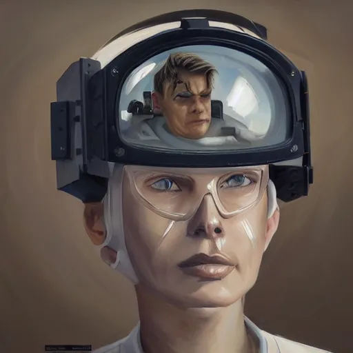 Image similar to square - jawed emotionless serious blonde woman starship engineer, tribal tattoos, handsome, short slicked - back hair, sweating, uncomfortable and anxious, looking distracted and awkward, wearing victorian dark goggles, dirty flight suit and gloves, small spacecraft in background, highly detailed, oil painting, trending on artstation